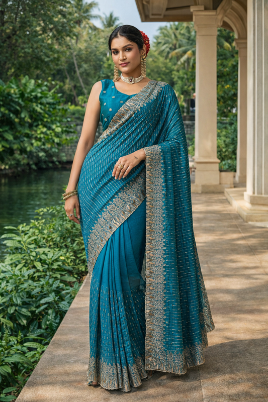 Teal Blue Designer Saree with Zari Woven Border & Matching Blouse Piece