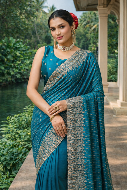 Teal Blue Designer Saree with Zari Woven Border & Matching Blouse Piece