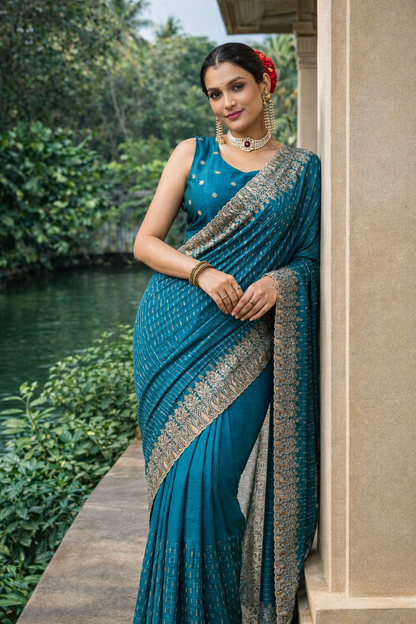 Teal Blue Designer Saree with Zari Woven Border & Matching Blouse Piece