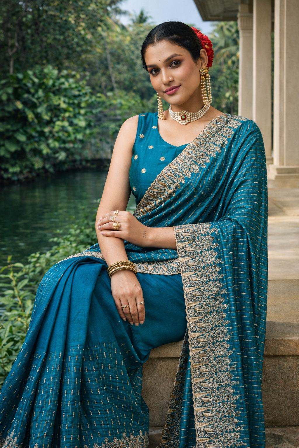 Teal Blue Designer Saree with Zari Woven Border & Matching Blouse Piece