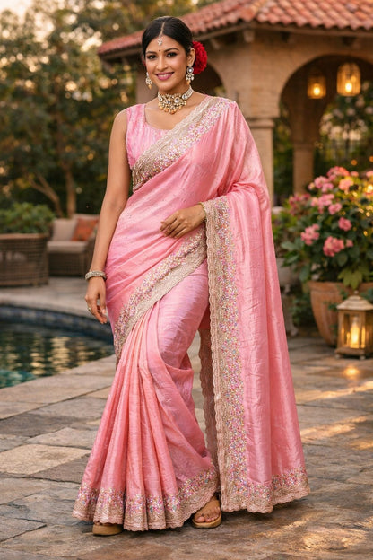 Blush Pink Embroidered Border Saree with Designer Blouse Piece