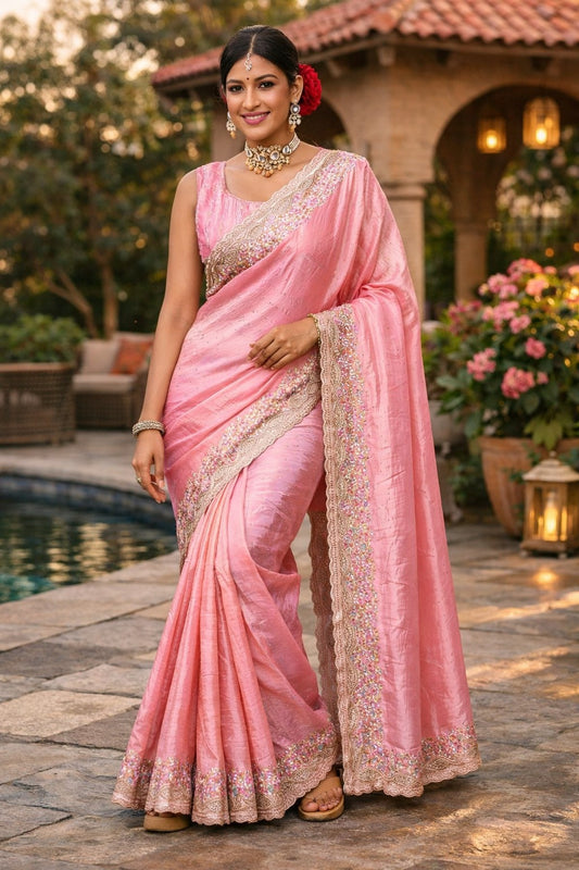 Blush Pink Embroidered Border Saree with Designer Blouse Piece