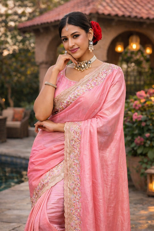 Blush Pink Embroidered Border Saree with Designer Blouse Piece