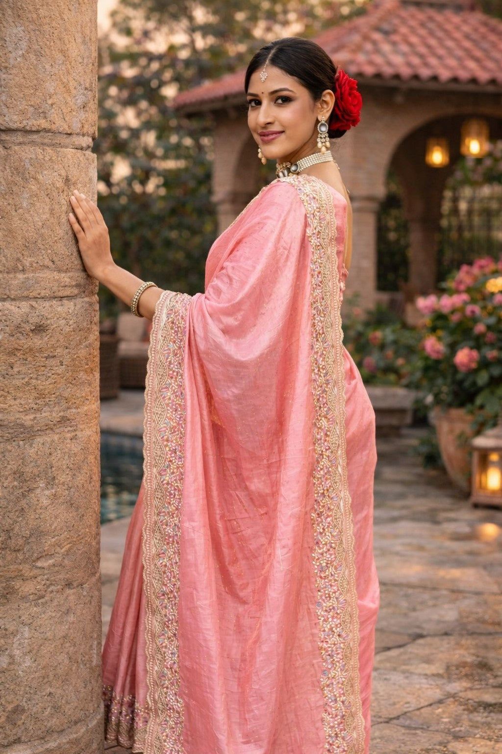 Blush Pink Embroidered Border Saree with Designer Blouse Piece