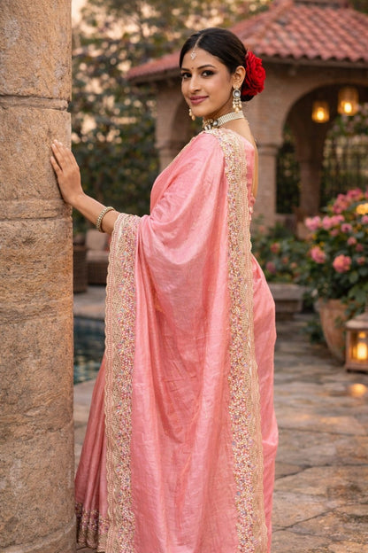 Blush Pink Embroidered Border Saree with Designer Blouse Piece