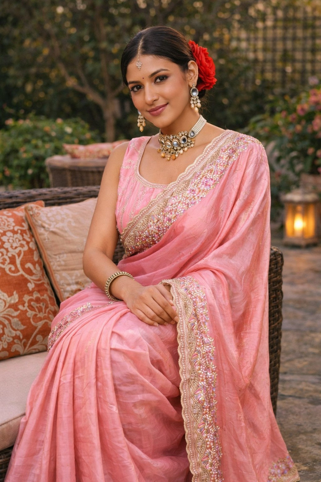 Blush Pink Embroidered Border Saree with Designer Blouse Piece
