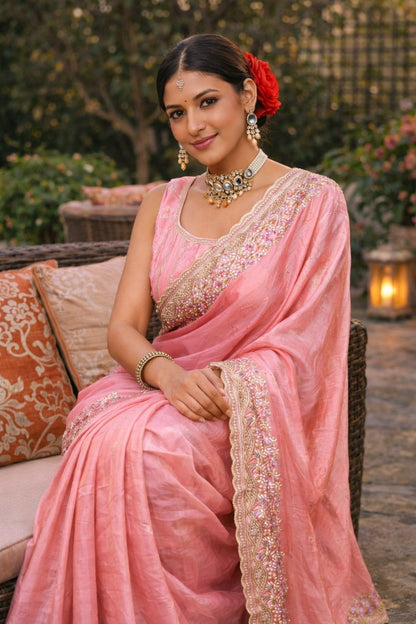 Blush Pink Embroidered Border Saree with Designer Blouse Piece