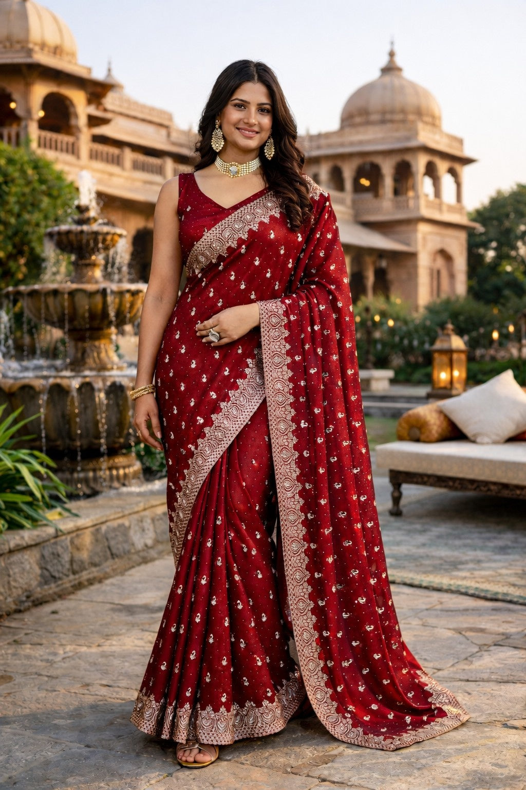 Maroon Embroidered Festive Saree with Designer Woven Border