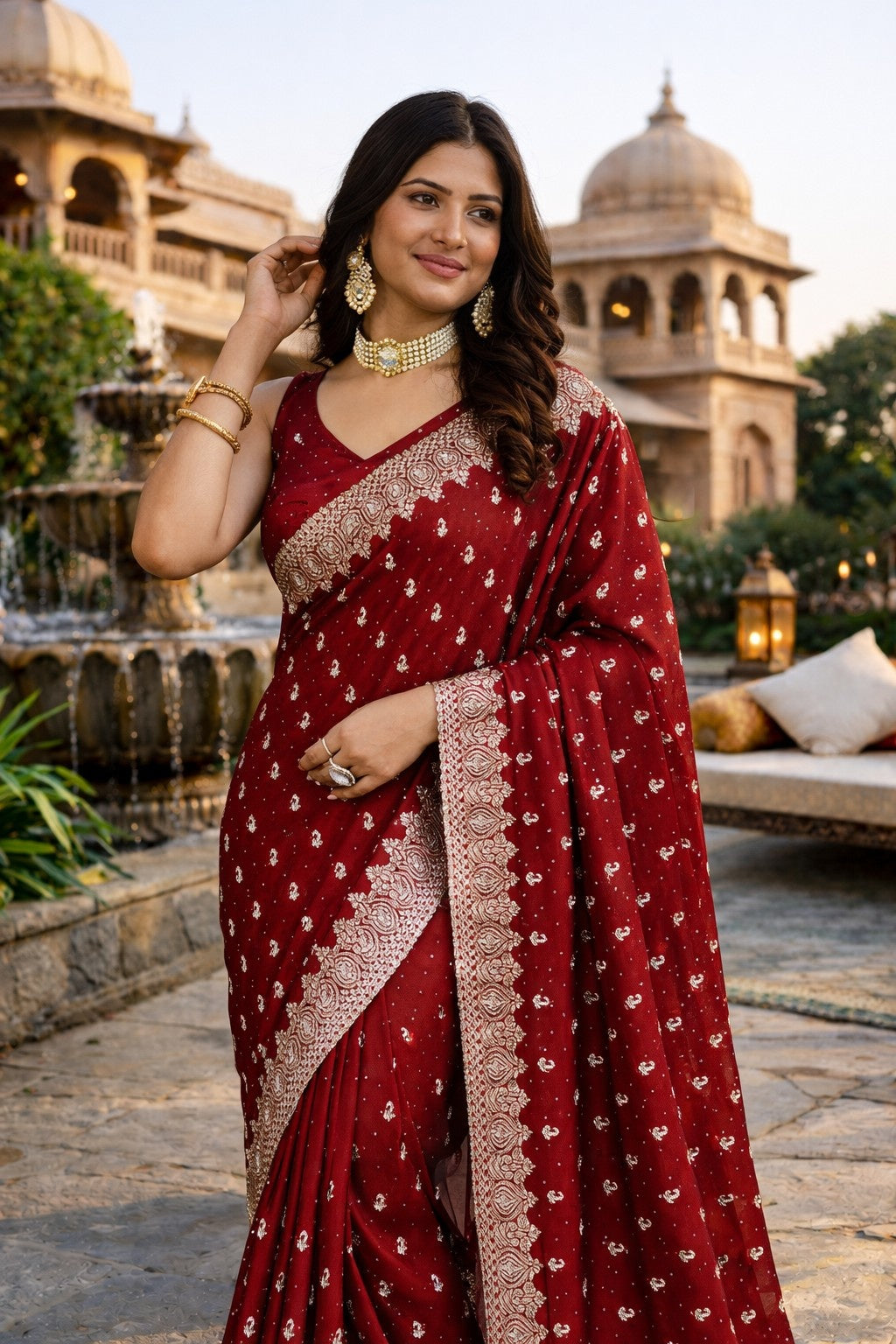 Maroon Embroidered Festive Saree with Designer Woven Border