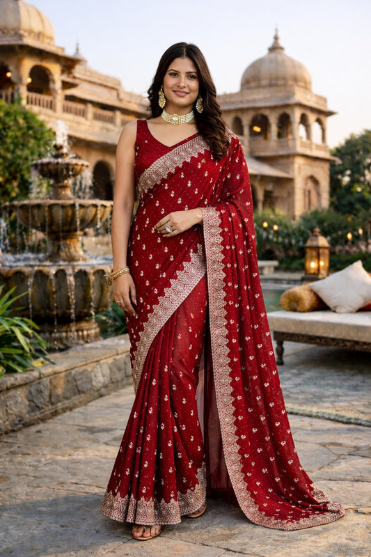 Maroon Embroidered Festive Saree with Designer Woven Border