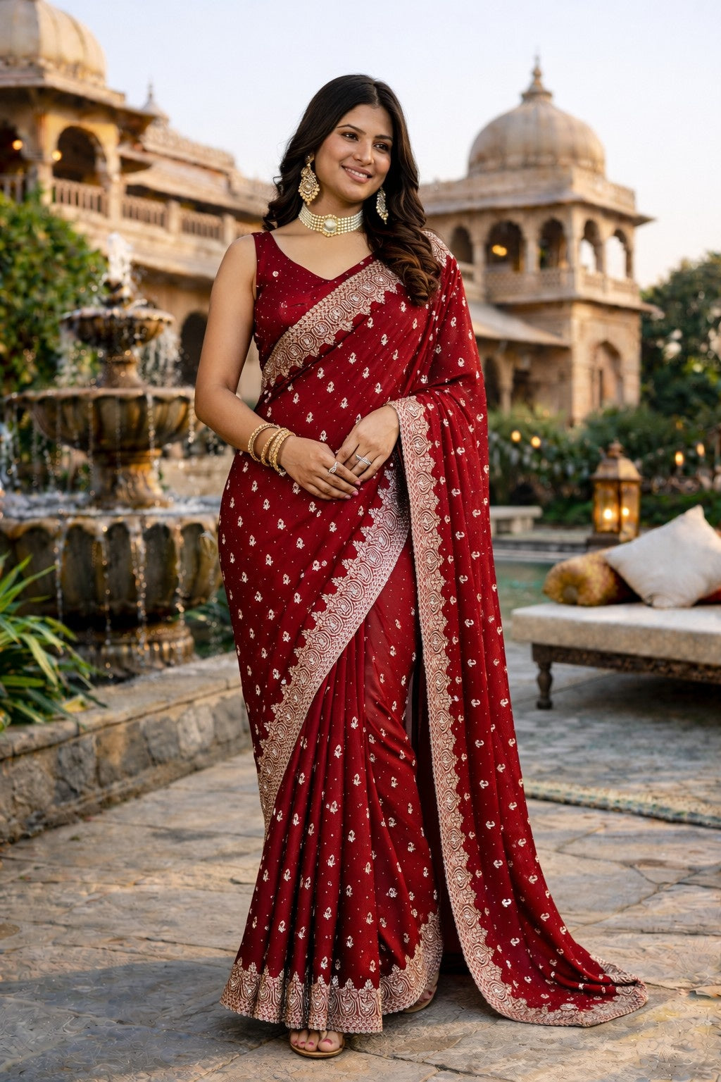 Maroon Embroidered Festive Saree with Designer Woven Border
