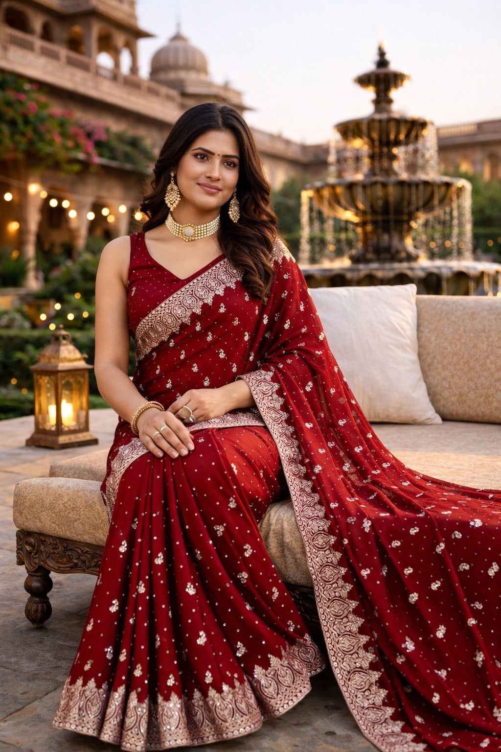 Maroon Embroidered Festive Saree with Designer Woven Border