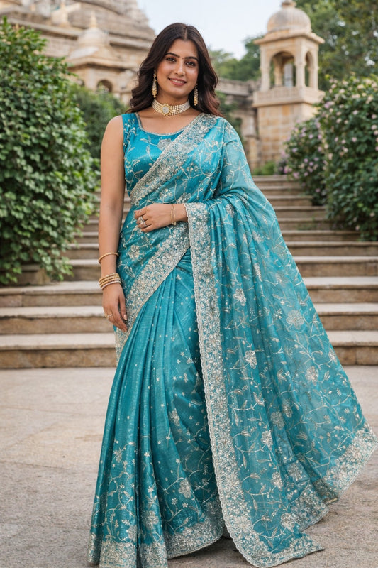 Aqua Blue Floral Embroidered Organza Saree with Silver Border Work