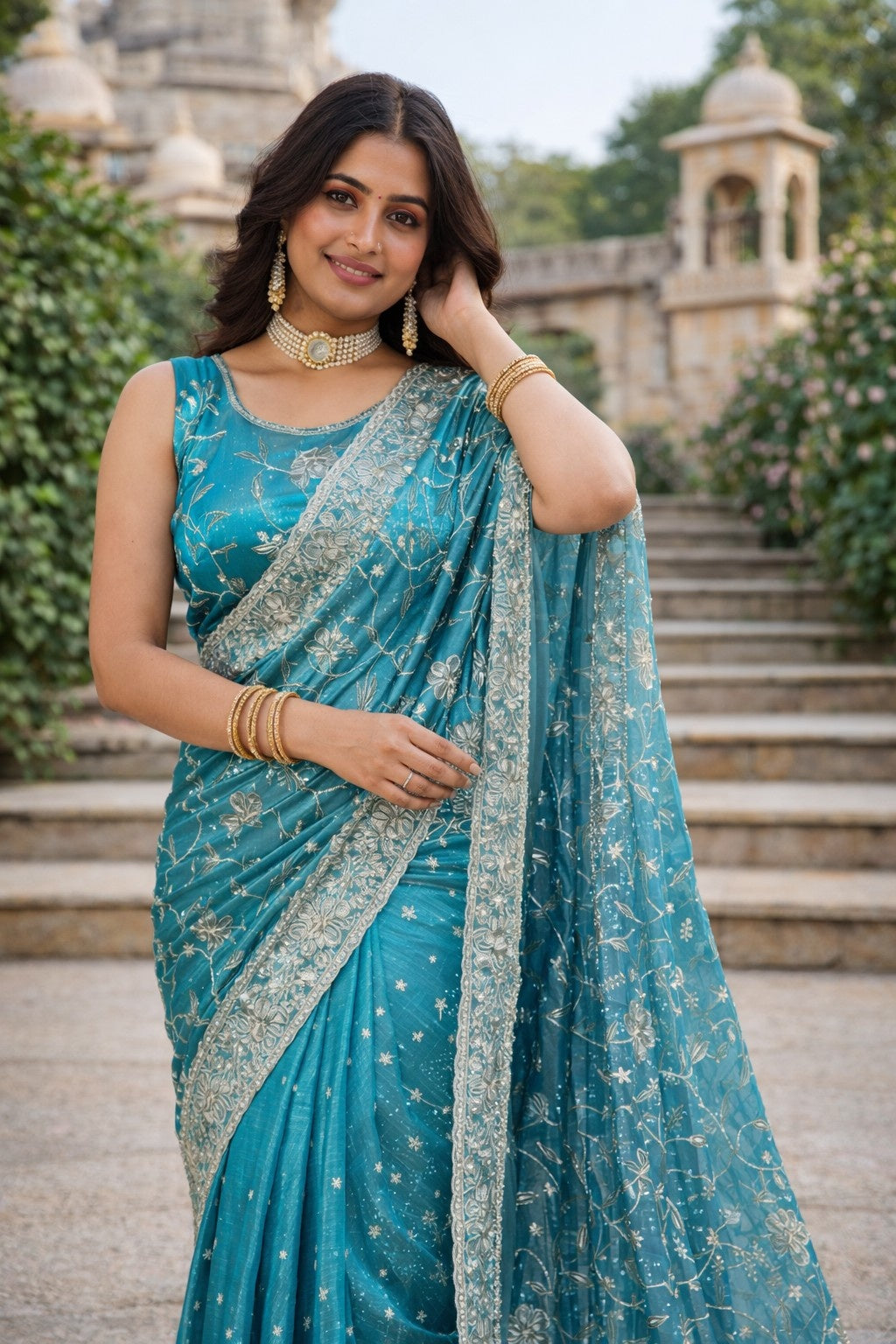 Aqua Blue Floral Embroidered Organza Saree with Silver Border Work