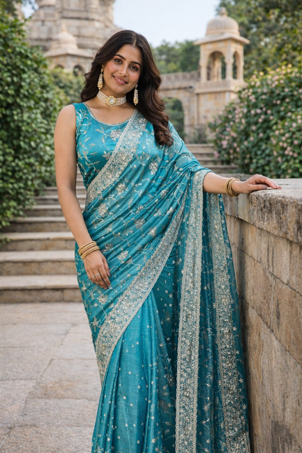 Aqua Blue Floral Embroidered Organza Saree with Silver Border Work