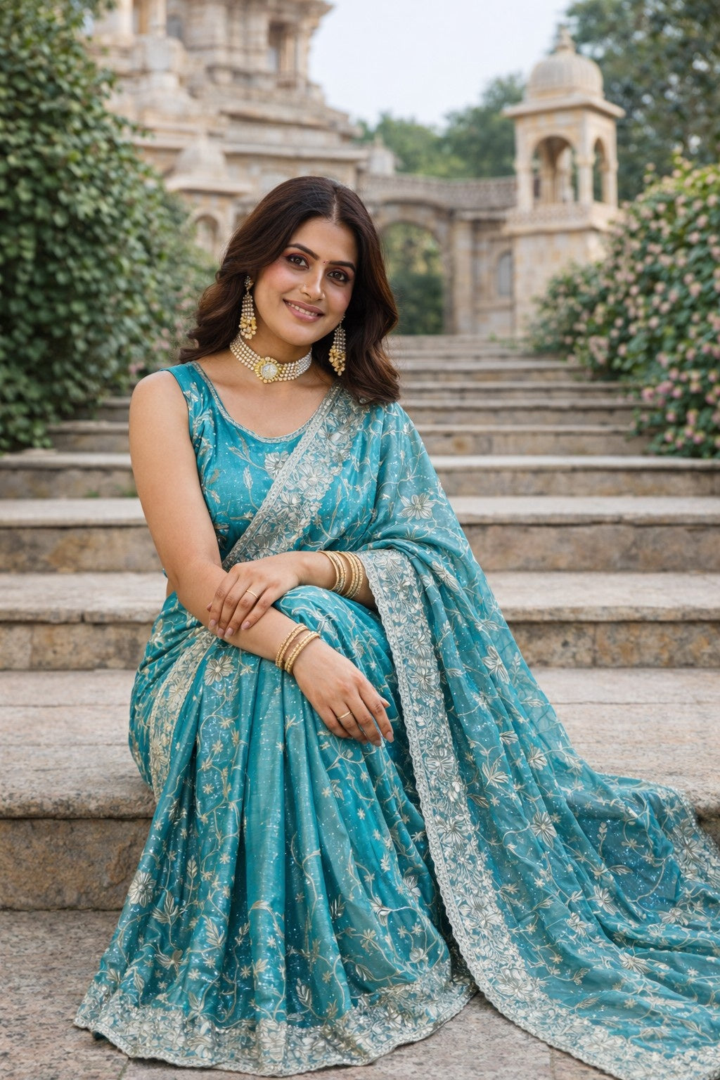 Aqua Blue Floral Embroidered Organza Saree with Silver Border Work