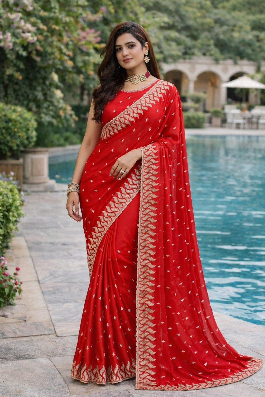Radiant Red Embroidered Georgette Saree with Designer Border