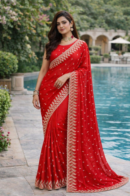 Radiant Red Embroidered Georgette Saree with Designer Border
