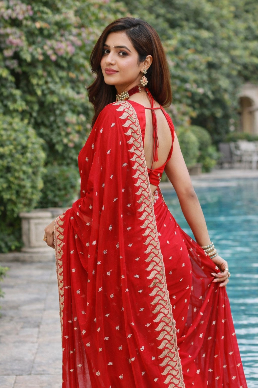Radiant Red Embroidered Georgette Saree with Designer Border