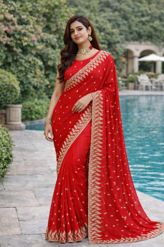 Radiant Red Embroidered Georgette Saree with Designer Border