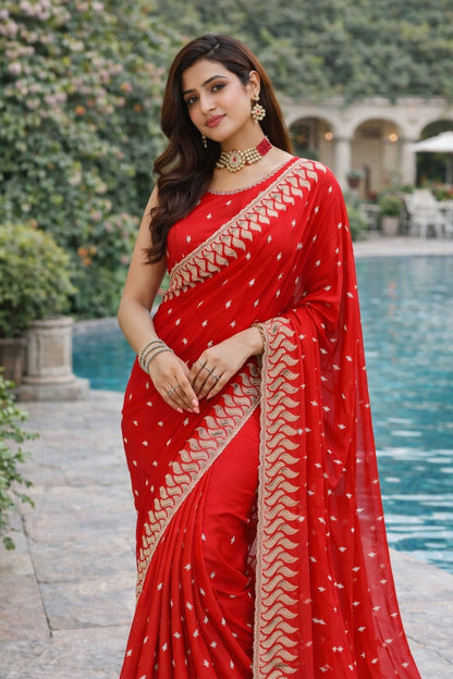 Radiant Red Embroidered Georgette Saree with Designer Border
