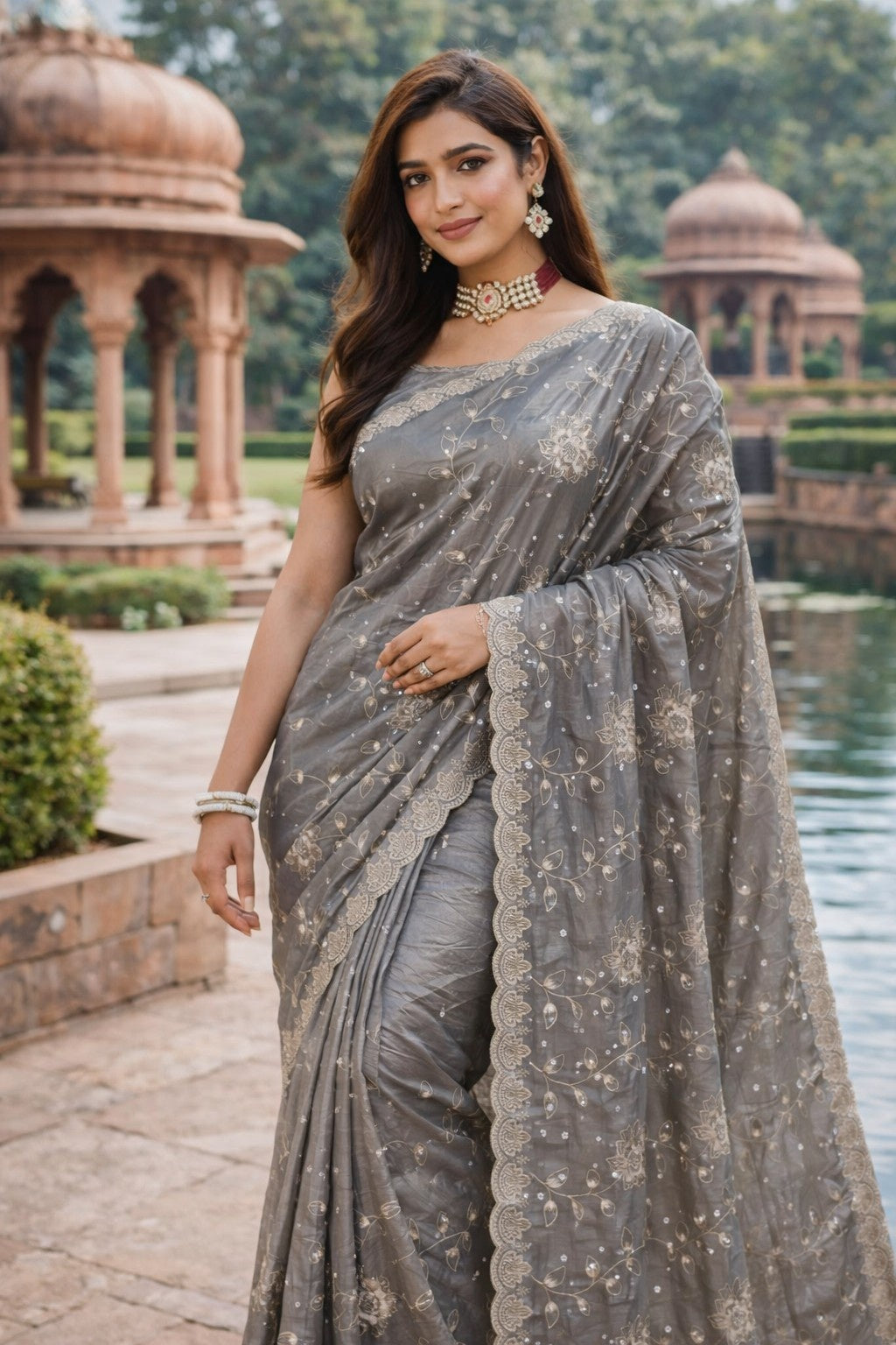 Silver Grey Floral Embroidered Saree with Scalloped Lace Border