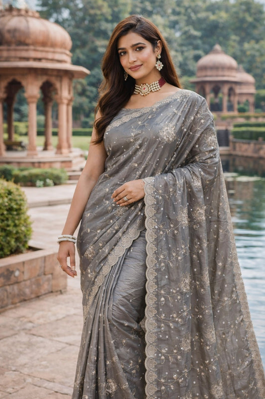 Silver Grey Floral Embroidered Saree with Scalloped Lace Border