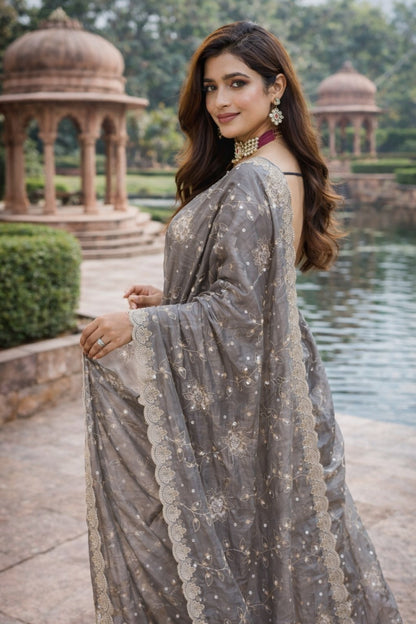 Silver Grey Floral Embroidered Saree with Scalloped Lace Border