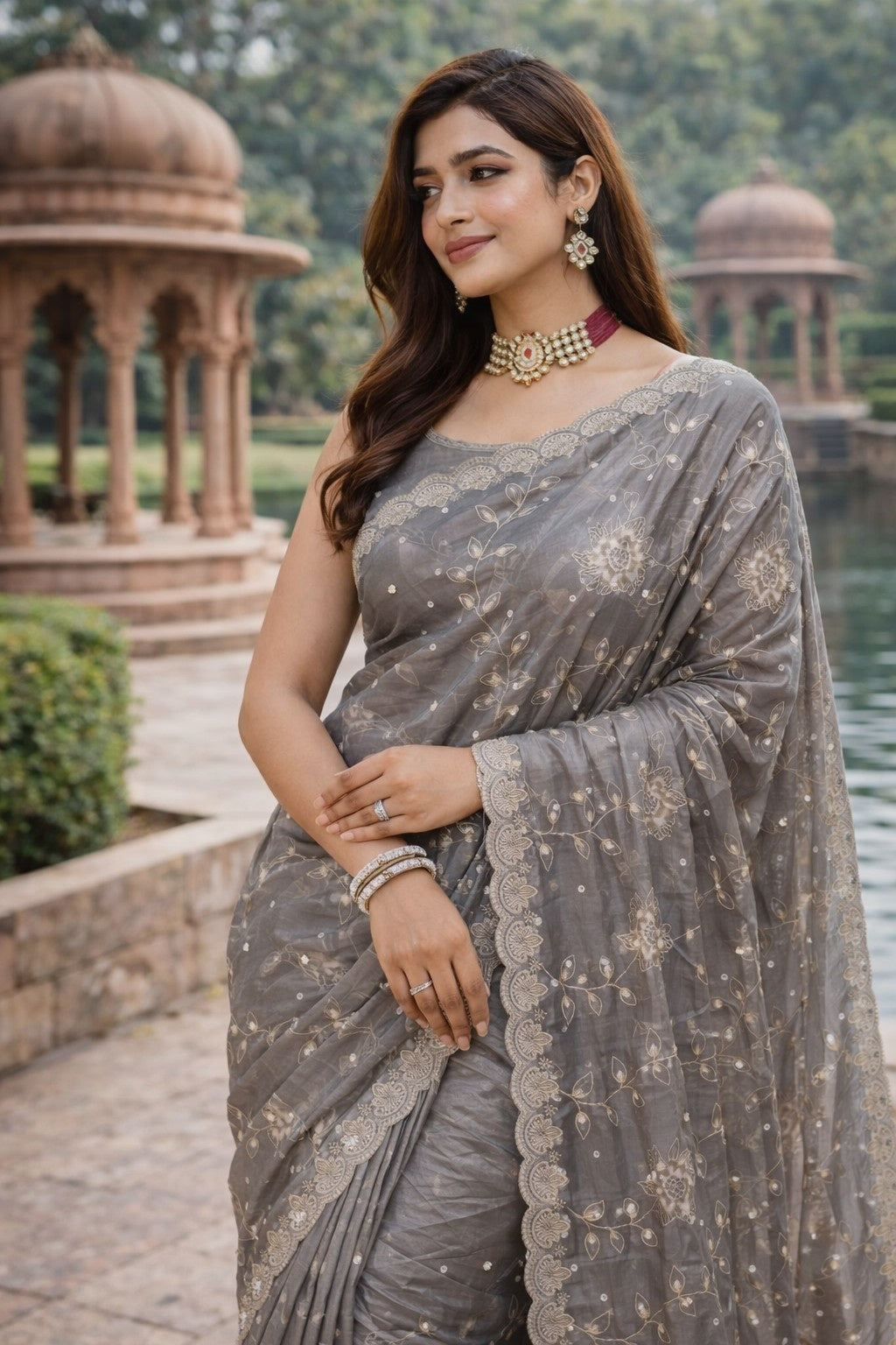 Silver Grey Floral Embroidered Saree with Scalloped Lace Border