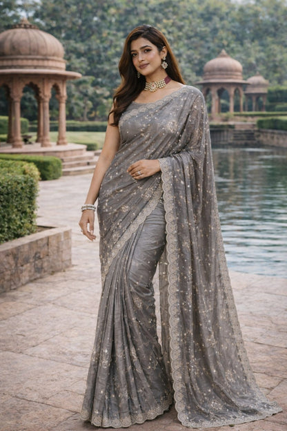 Silver Grey Floral Embroidered Saree with Scalloped Lace Border