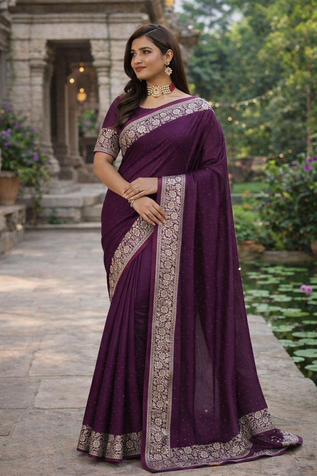 Royal Wine Purple Embroidered Border Saree with Blouse Piece