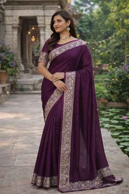 Royal Wine Purple Embroidered Border Saree with Blouse Piece