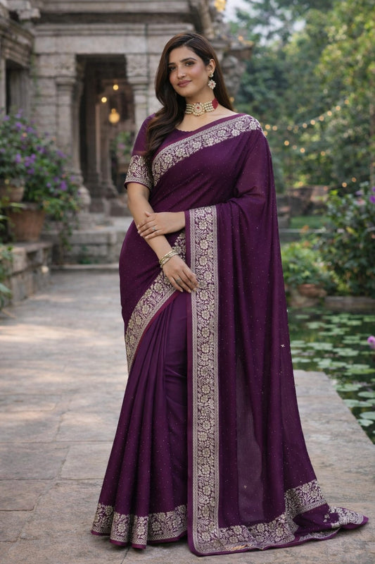 Royal Wine Purple Embroidered Border Saree with Blouse Piece