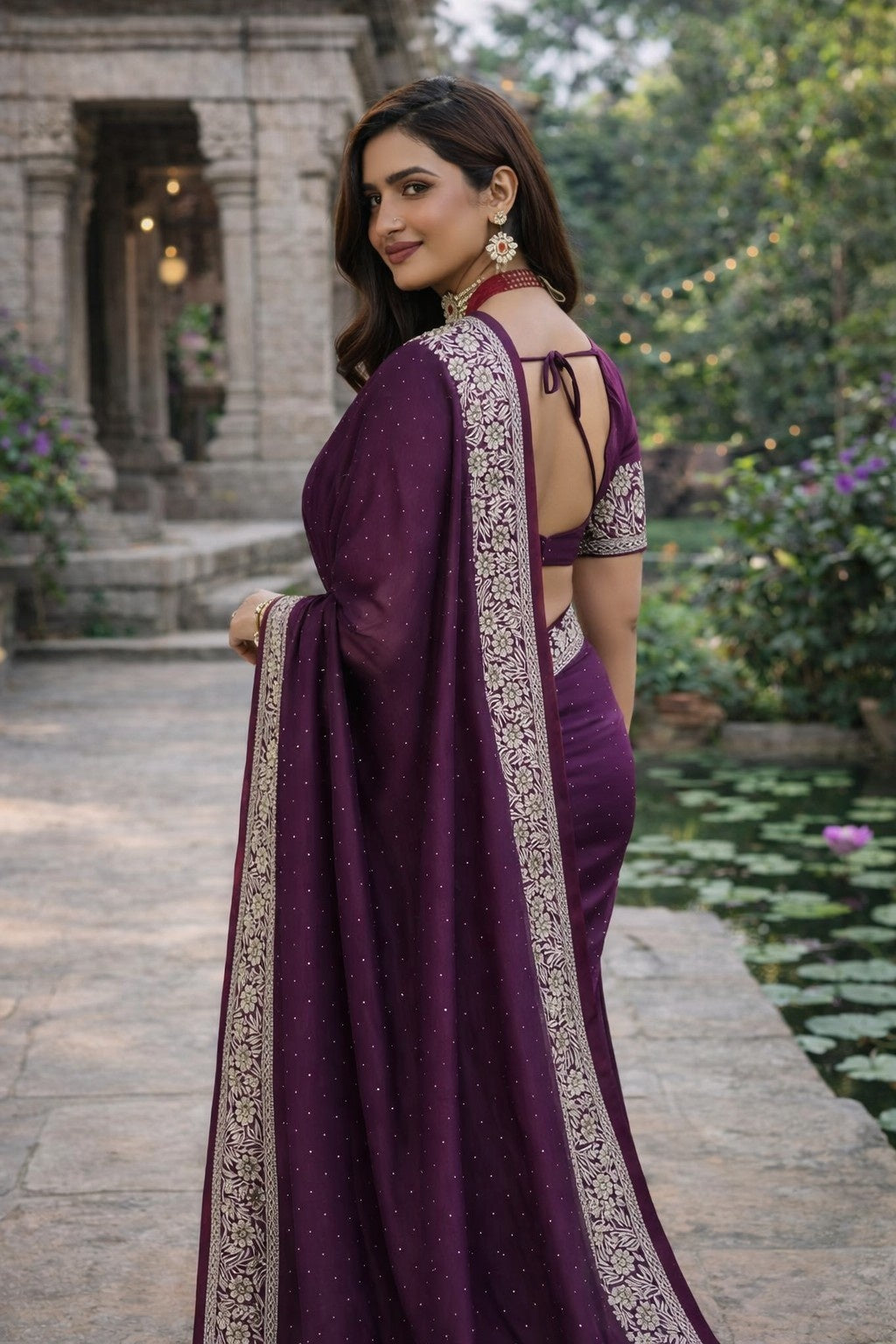 Royal Wine Purple Embroidered Border Saree with Blouse Piece