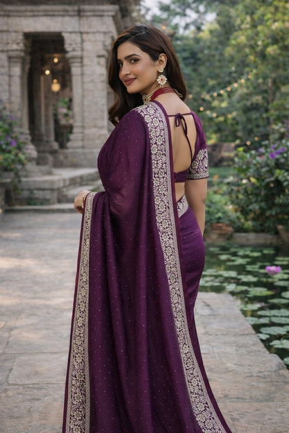 Royal Wine Purple Embroidered Border Saree with Blouse Piece