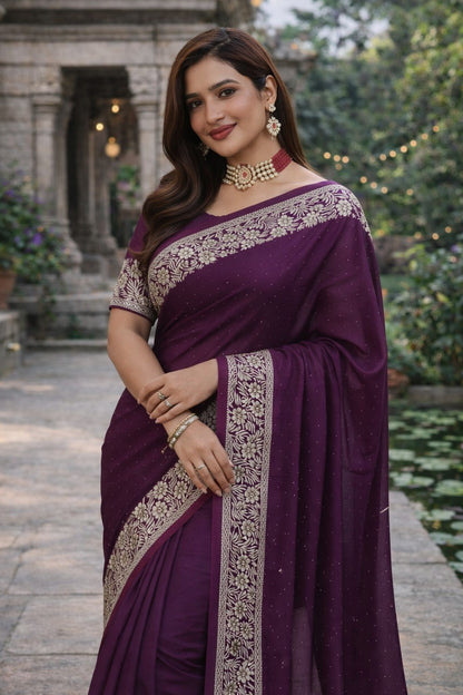 Royal Wine Purple Embroidered Border Saree with Blouse Piece