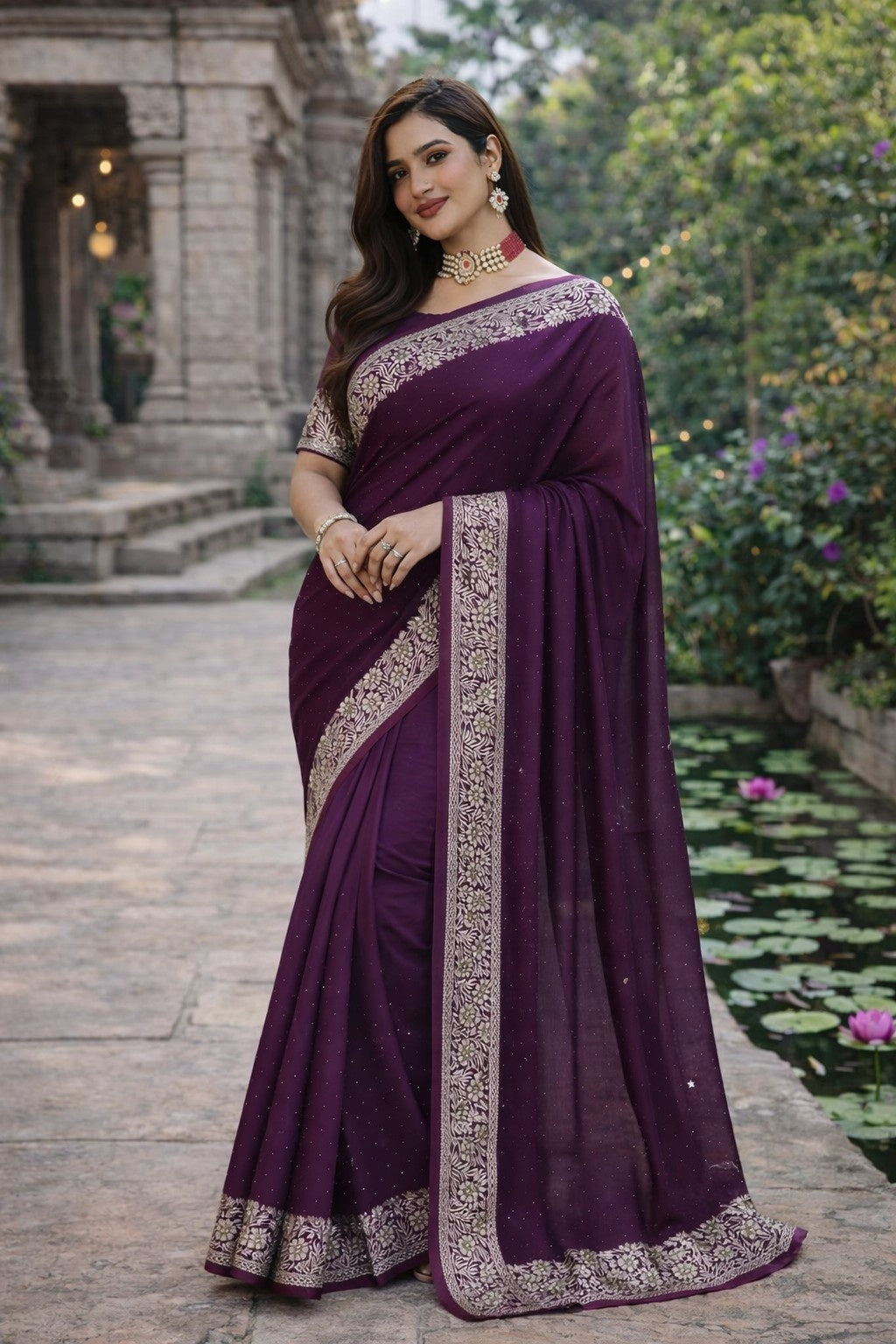 Royal Wine Purple Embroidered Border Saree with Blouse Piece