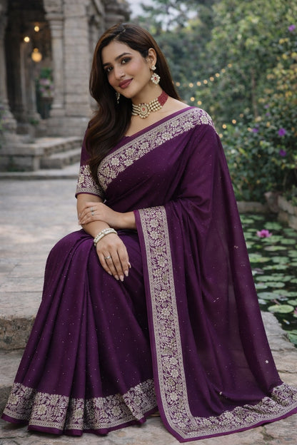 Royal Wine Purple Embroidered Border Saree with Blouse Piece