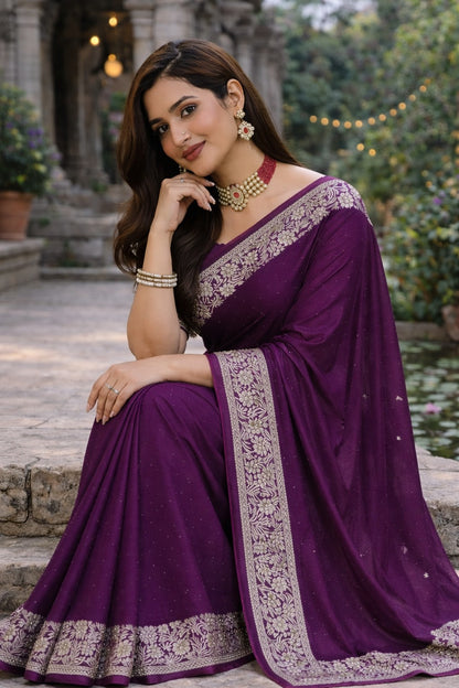 Royal Wine Purple Embroidered Border Saree with Blouse Piece