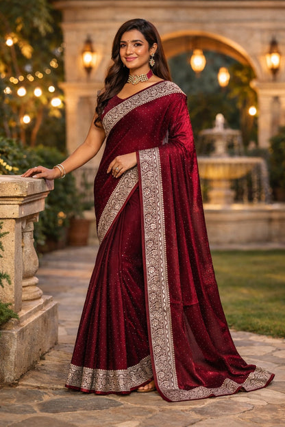 Maroon Velvet Shimmer Saree with Designer Silver Zari Border