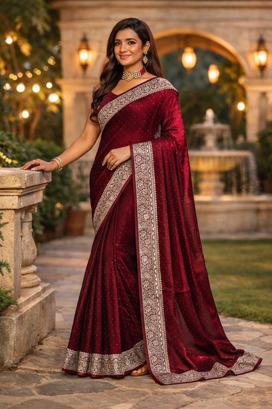 Maroon Velvet Shimmer Saree with Designer Silver Zari Border