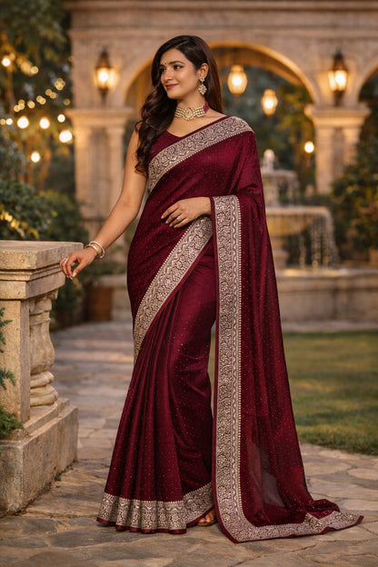 Maroon Velvet Shimmer Saree with Designer Silver Zari Border