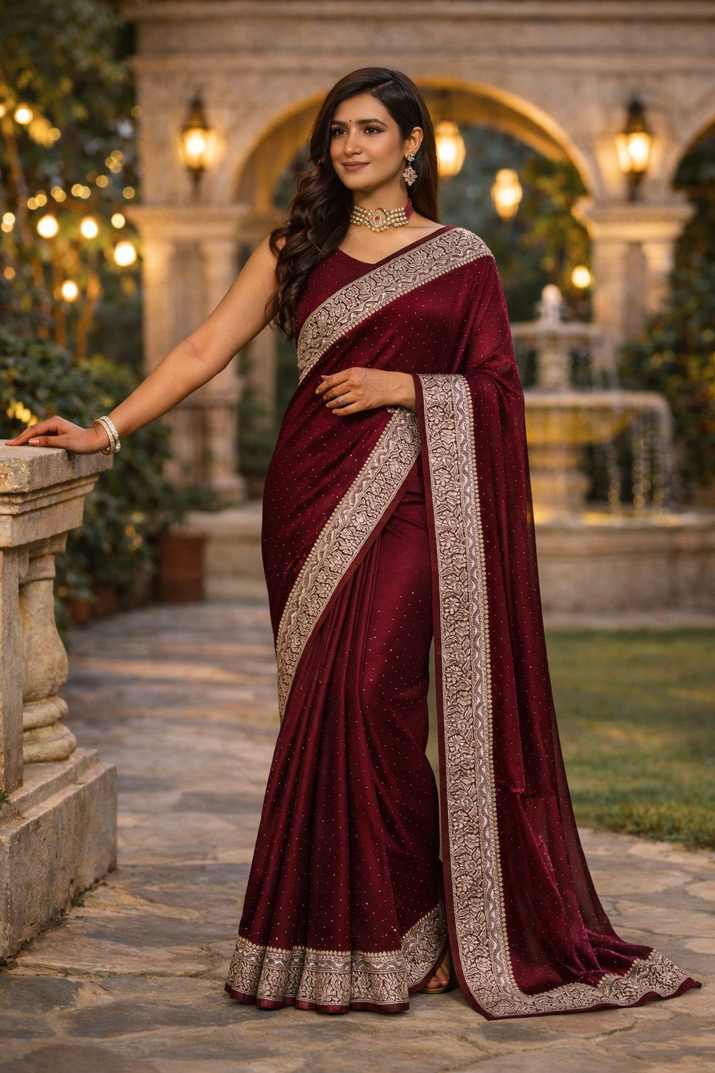 Maroon Velvet Shimmer Saree with Designer Silver Zari Border