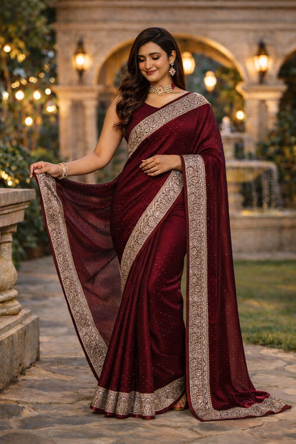 Maroon Velvet Shimmer Saree with Designer Silver Zari Border