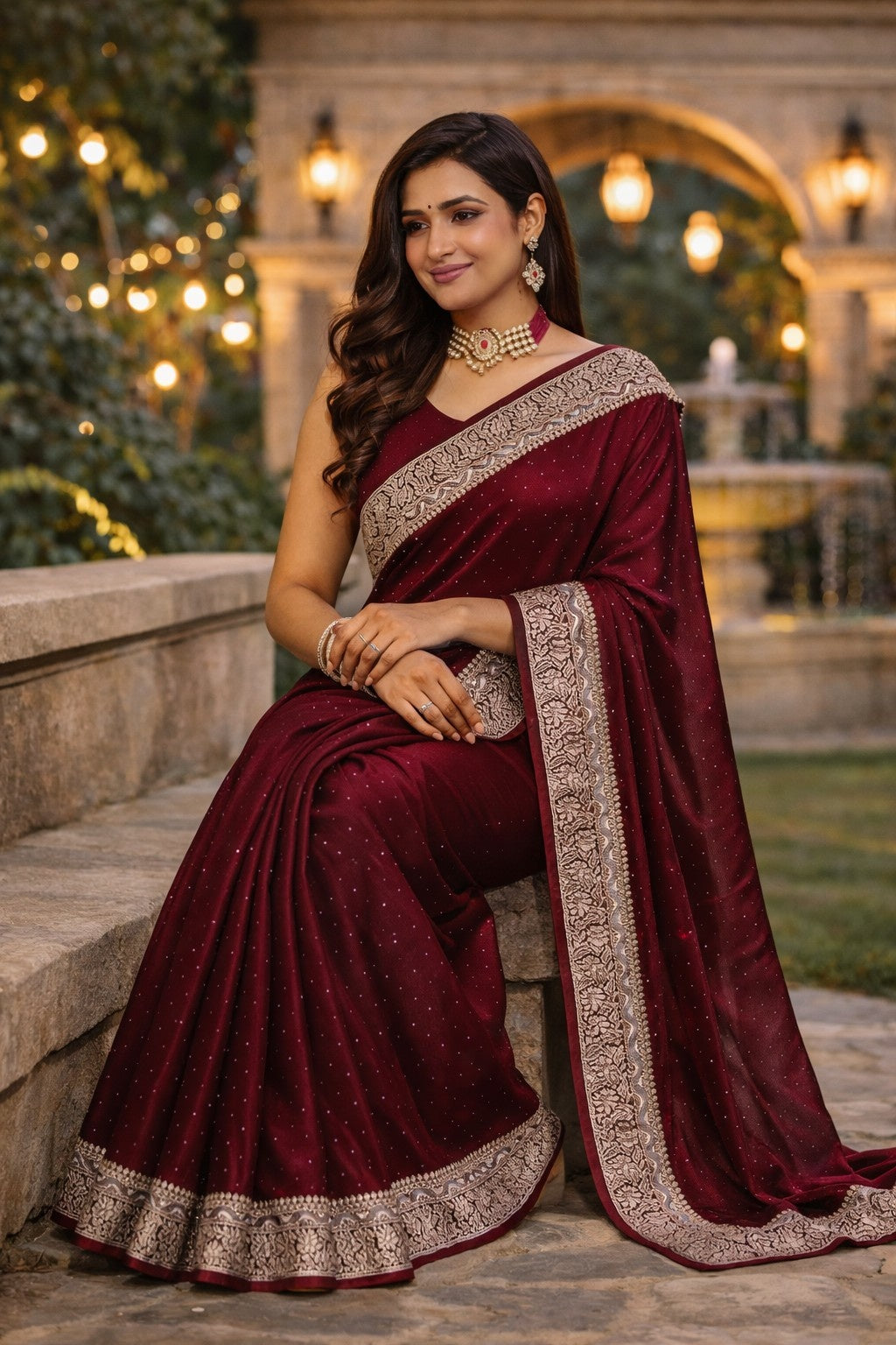 Maroon Velvet Shimmer Saree with Designer Silver Zari Border