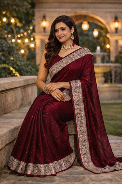 Maroon Velvet Shimmer Saree with Designer Silver Zari Border