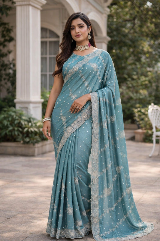 Elegant Sky Blue Embroidered Designer Saree with Intricate Border Work