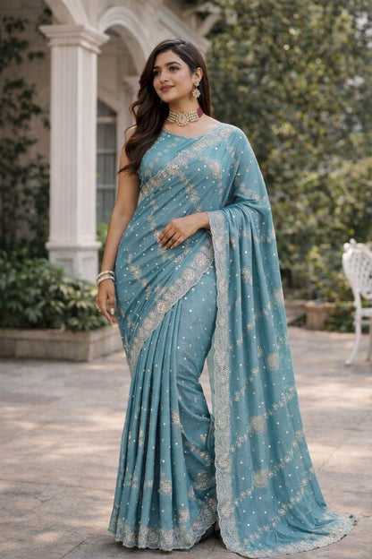 Elegant Sky Blue Embroidered Designer Saree with Intricate Border Work