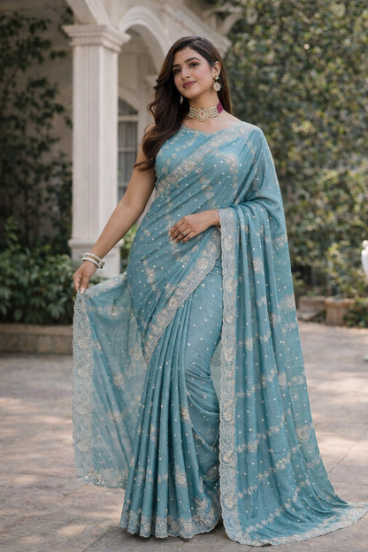 Elegant Sky Blue Embroidered Designer Saree with Intricate Border Work