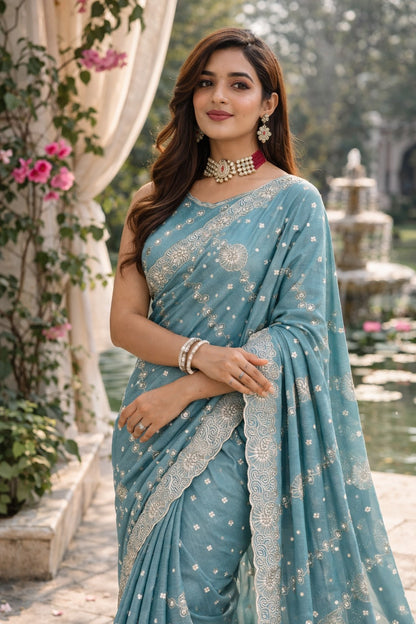 Elegant Sky Blue Embroidered Designer Saree with Intricate Border Work